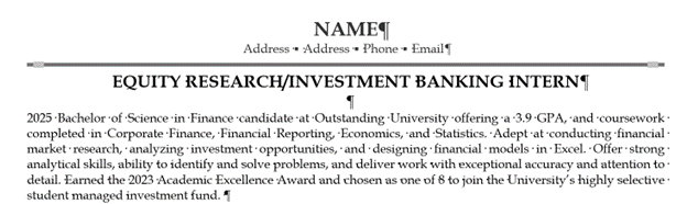 Finance Intern Resume